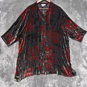 Ulla Popken Velvet Burnout Button Up Shirt Women 24/26 Black Red Geo Silk Rayon3